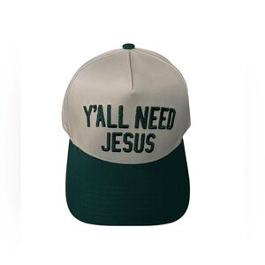 Y’ALL NEED JESUS Green and Cream Cap with Embroidered Text